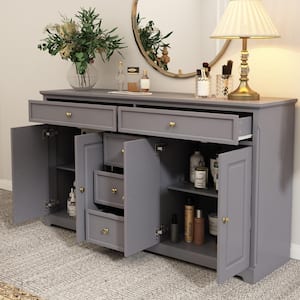 5 Drawers Gray Wooden Chest of Drawers Dresser With 4 Doors and Adjustable Shelves 59.1 in. W x 33.5 in. H x 15.7 in. D