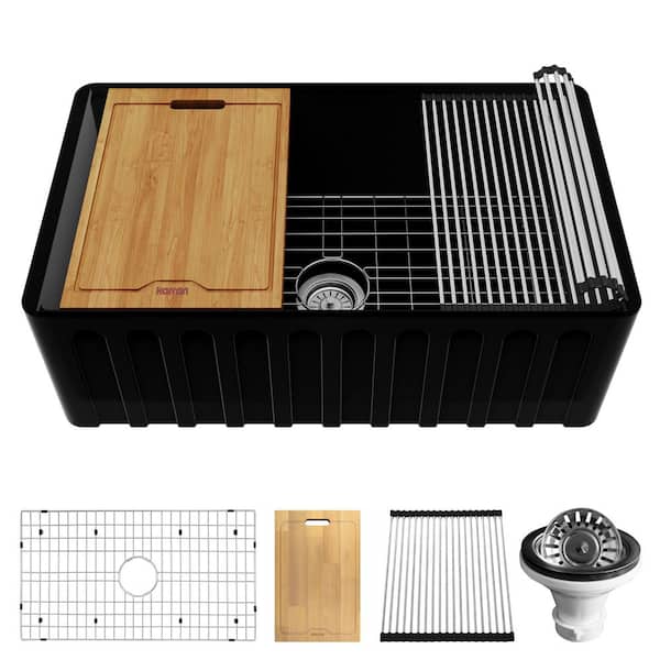 Fireclay 30 in. Farmhouse/Apron-Front Single Bowl Matte Black Gloss Fireclay Workstation Kitchen Sink Reversible Front