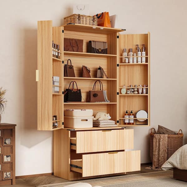 Natural Wood 70.9 in. Accent Storage Cabinet with 4 Shelves and Door Storage, Double Doors, 2 Drawers, Fluted Design