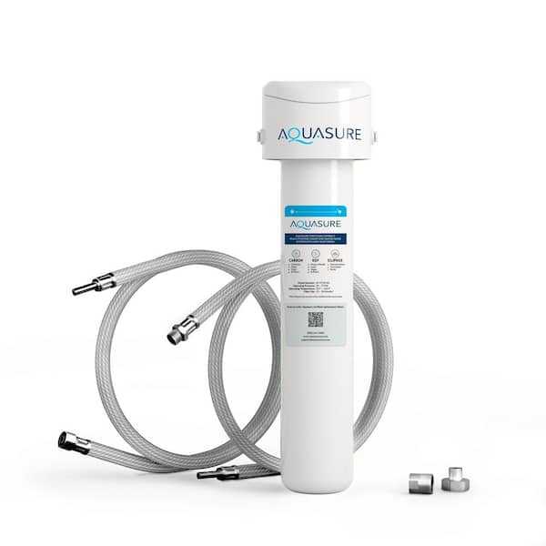 AQUASURE Fortitude Compact Under Sink Multi-Purpose Water Filtration System with Carbon/KDF and Siliphos Scale Inhibiting Media