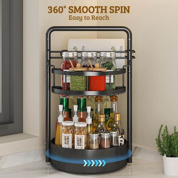 Wudkey 2-Tier Black Countertop Rotating Spice Rack with Paper