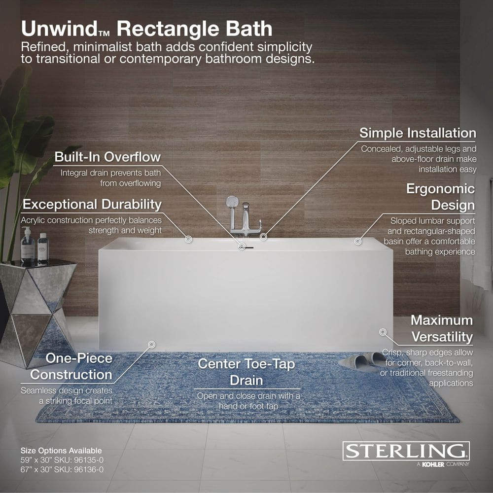 Unwind White Acrylic 59" x 30" Back-To-Wall Soaking Bathtub