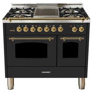 40 in. 4.0 cu. ft. Double Oven Dual Fuel Italian Range True Convection, 5 Burners, Griddle, Brass Trim in Matte Graphite