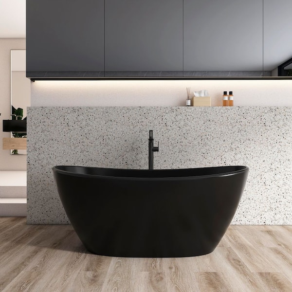 61 in. x 31.5 in. Artificial Stone Soaking Bathtub in Black Solid Surface Modern Tub with Overflow and Pop-up Drain
