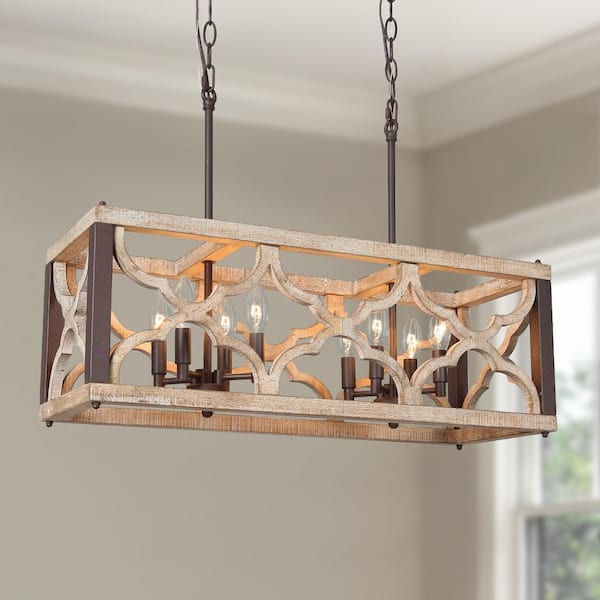 Grain Farmhouse Rust Bronze Candlestick Chandelier 8-Light Distressed Wood Island Lantern Classic High Ceiling Light
