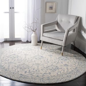 Dip Dye Light Blue/Ivory 8 ft. x 8 ft. Border Floral Medallion Round Area Rug