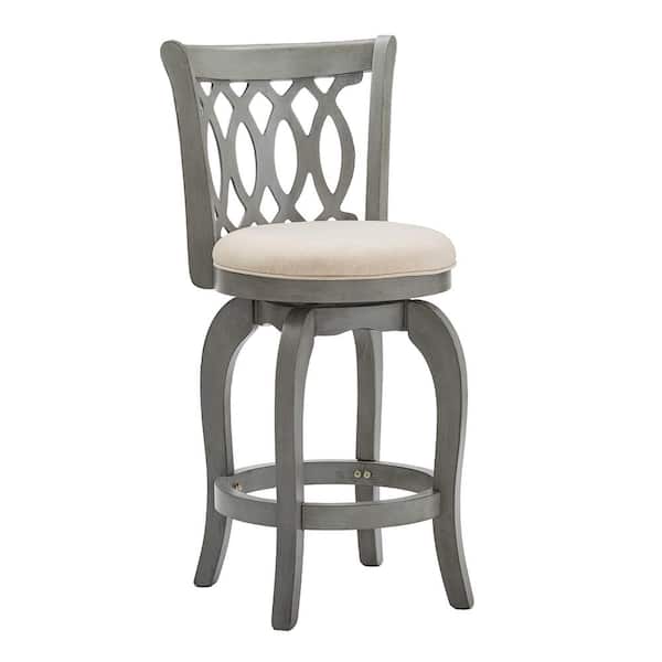 HomeSullivan 24.75 in. Antique Grey Finish Grey Linen Scroll Back Wood Frame Swivel Counter Stool