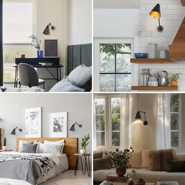 Modern Brushed Black Wall Light,1-Light Farmhouse Kitchen Plug-In or Hardwired Swing Arm Wall Lamp (2 Pack)