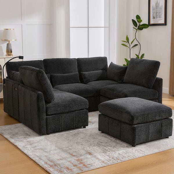 Orva 85.40 in Chenille Upholstered Modular Sectional Sofa in Black, Movable Ottoman, USB Ports, Phone Holder