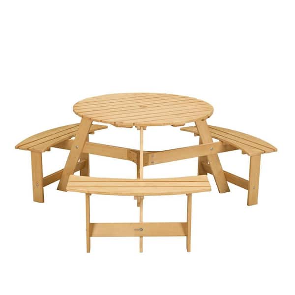 63 in. Picnic Tables Series Natural Solid Wood, Outdoor 6 Person Picnic Tables with 3 Built-In Benches and Umbrella Hole