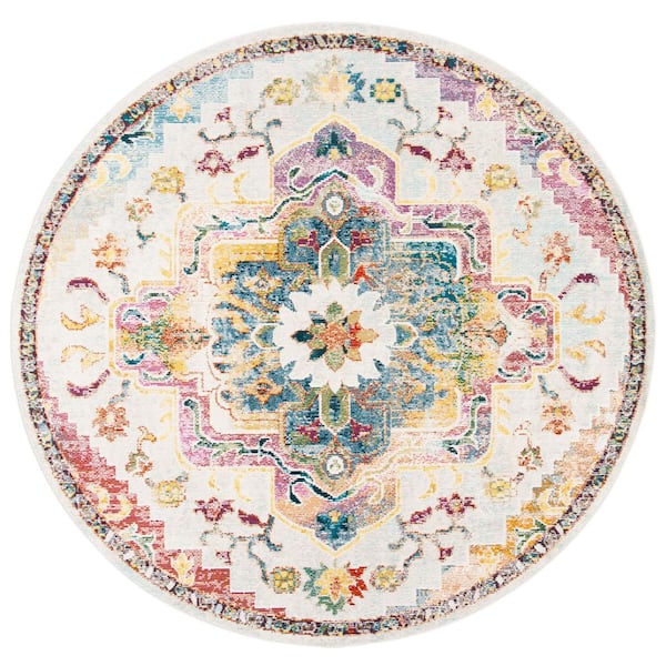 Crystal 5 ft. x 5 ft. Round Light Blue/Gray Distressed Border Area Rug