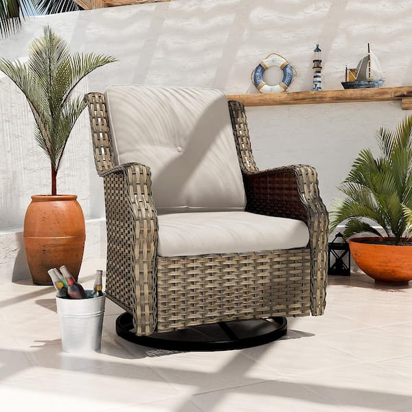 Wicker Outdoor Lounge Chair with Beige Cushions and 360° Swivel Handwoven PE Rattan
