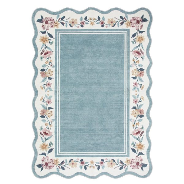 5 ft. x 7 ft. Machine Washable Blue Scalloped Vintage Floral Low Pile Non Slip Soft Living Room Bedroom Indoor Area Rug