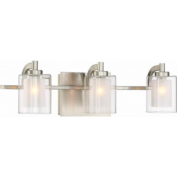 21 in. 3-Light Brushed Nickel Bathroom Vanity Light, Clear and Frosted Glass Wall Sconce for Bathroom, Powder Room