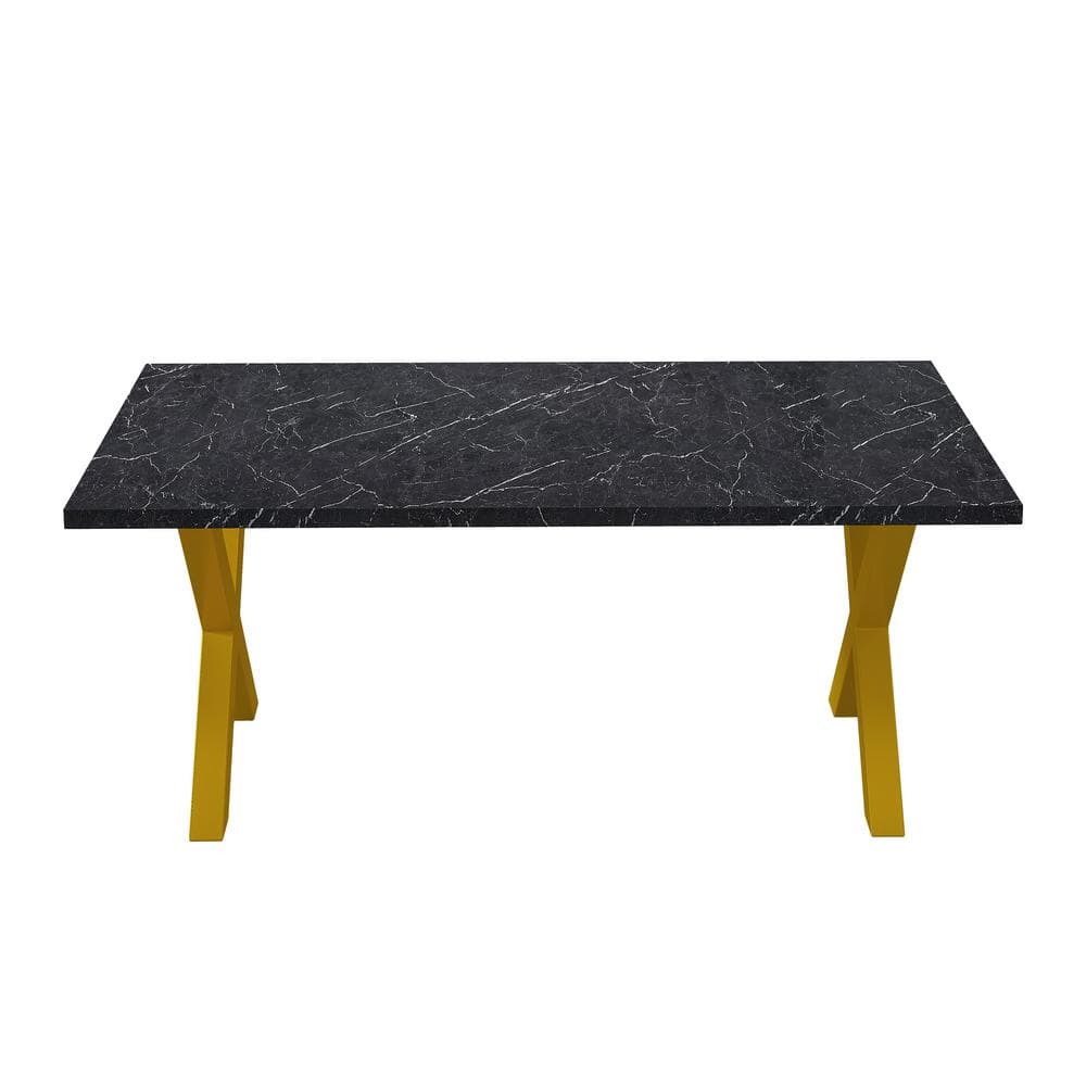 70.87 in. Black MDF Outdoor Dining Table with Printed Black Marble Tabletop