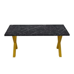 70.87 in. Black MDF Outdoor Dining Table with Printed Black Marble Tabletop, Gold X-Shape Table Leg