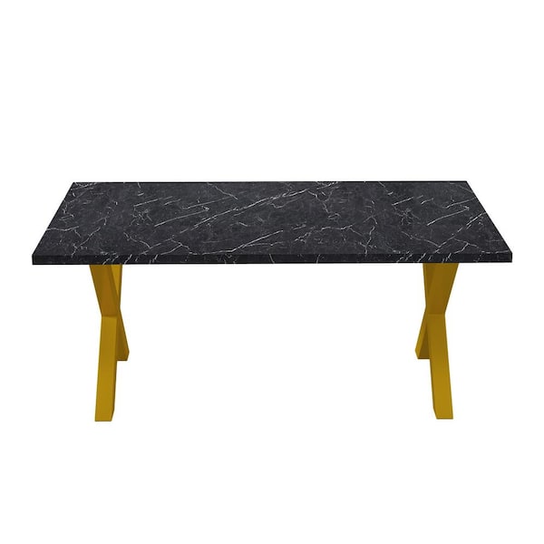 Unbranded 70.87 in. Black MDF Outdoor Dining Table with Printed Black Marble Tabletop, Gold X-Shape Table Leg