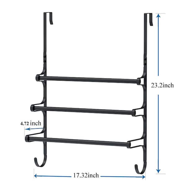 17.32 in. L 3-Bar Over The Door Towel Rack in Matte Black, Triple Towel Storage Holder with Hooks for Bathroom