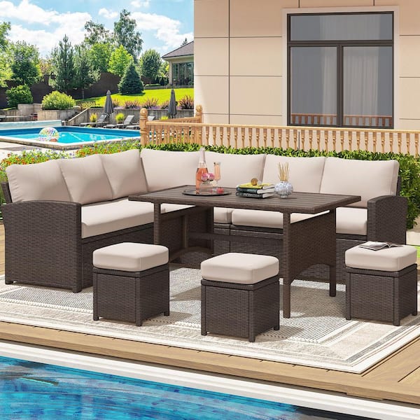 AECOJOY Brown 7-Piece Wicker Patio Conversation Set with Tan Cushions