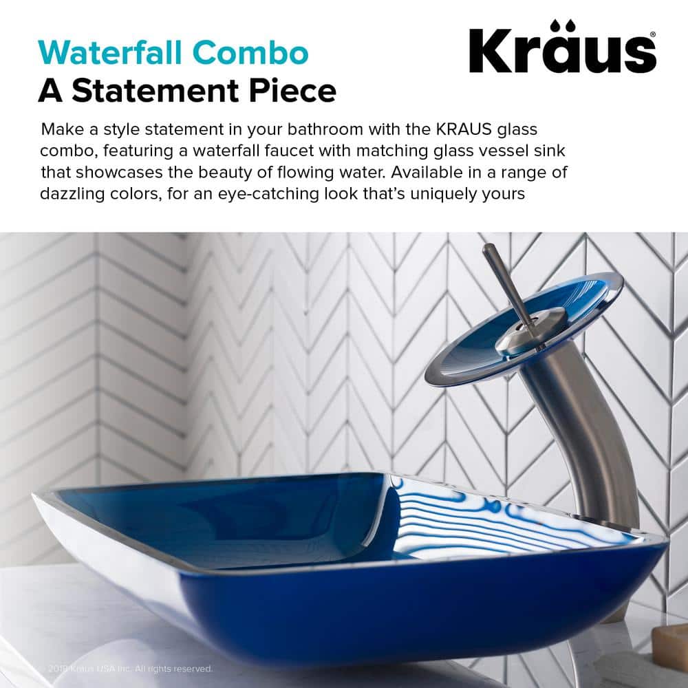 Fire Blue Glass Rectangular Vessel Sink with Satin Nickel Faucet