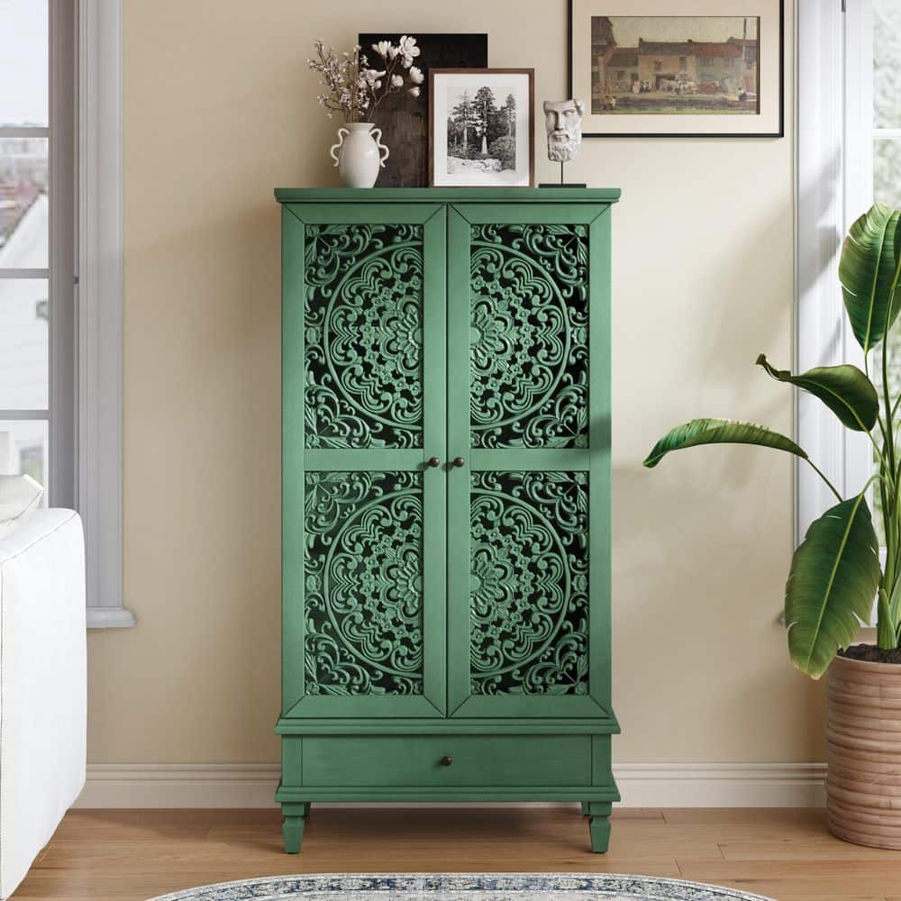 55 in. H Antique Green Solid Wood & MDF Buffet /Accent Cabinet with Drawer 2-Door Carved Wood Storage