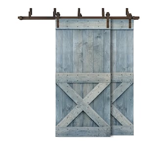 76 in. x 84 in. Mini X Bar Bypass Denim Blue Stained Solid Pine Wood Interior Double Sliding Barn Door with Hardware Kit