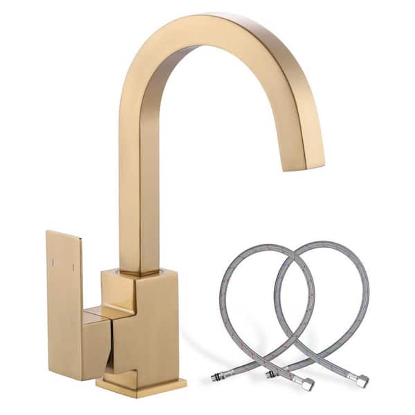 Single Handle Stainless Steel Bar Faucet Deckplate Not Included with Swivel Spout in Brushed Gold