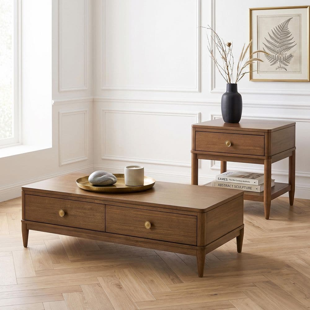 Issac 2Pc 52.5 in. Walnut Rectangle Wood Coffee Table Set with Storage