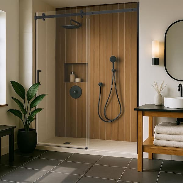 Commix 54-3/8 to 60 in. W x 76 in. H Frameless Exposed Roller Sliding Shower Door in Matte Black, 5/16 in. Clear Glass