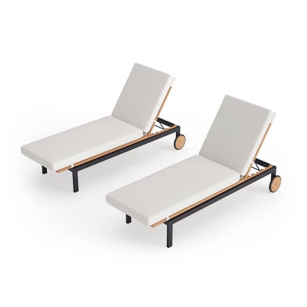 NewAge Products Monterey 2 Piece Aluminum Teak Outdoor Chaise Lounge with Canvas Natural Cushions