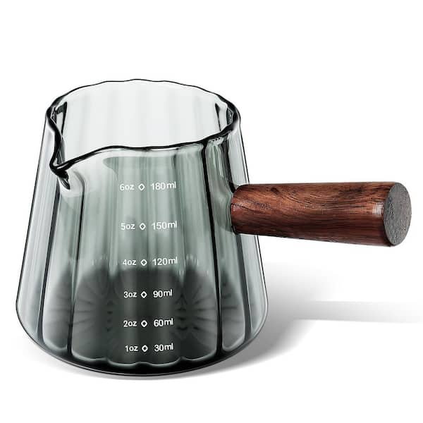 Borosilicate Gray Glass Measuring Cup with Insulated Wood Handle, V-Shape Spout, and Easy-Read Measurement Scale
