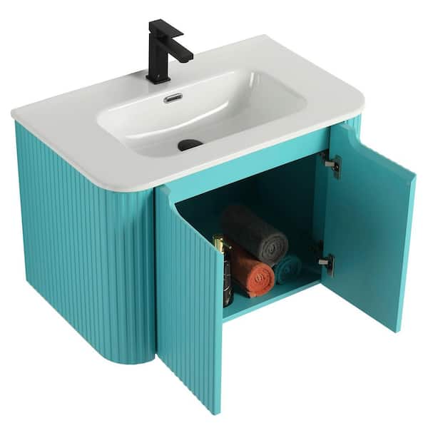 Caskvalley 30 in. Floating Bath Vanity in Tiffany Blue with White Ceramic Sink Top Assembled