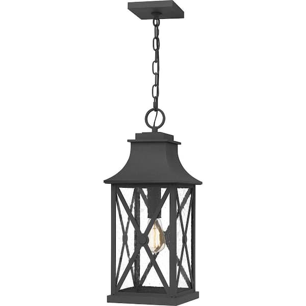 Quoizel Ellerbee 8.5 in. 1-Light Mottled Black Outdoor Pendant-Light with Clear Seeded Glass