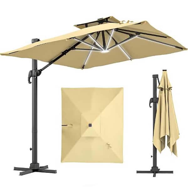 9.8 ft. Metal Solar LED Cantilever Patio Umbrella in khaki with 360°Rotation, Cross Base, Ribs, Tilt and Crank