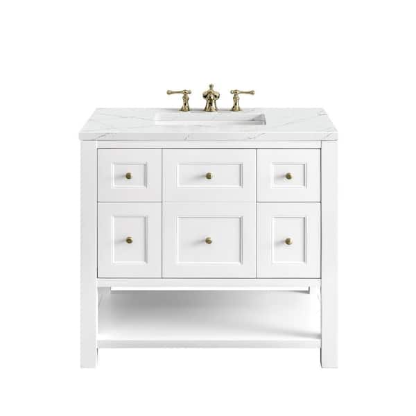 James Martin Vanities Breckenridge 36.0 in. W x 23.5 in. D x 34.2 in. H Bathroom Vanity in Bright White with Ethereal Noctis Quartz Top