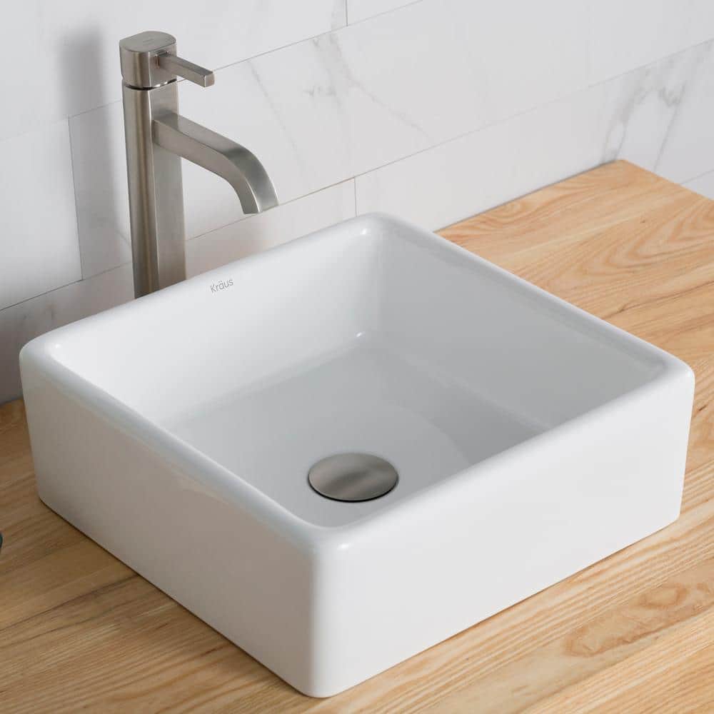 15-inch White Ceramic Square Vessel Sink with Satin Nickel Faucet