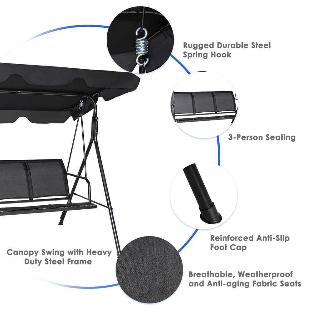 Black Powder Coated Steel 3-Person Outdoor Patio Swing with Adjustable Canopy