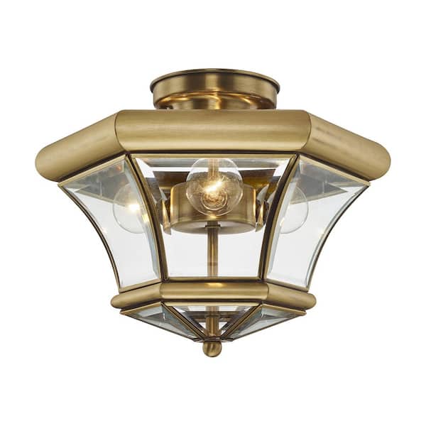 AVIANCE LIGHTING Aston 12.5 in. 3-Light Antique Brass Semi Flush Mount with Clear Beveled Glass
