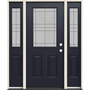 60 in. x 80 in. Left-Hand 1/2 Lite Dilworth Decorative Glass Black Fiberglass Prehung Front Door w/Sidelites
