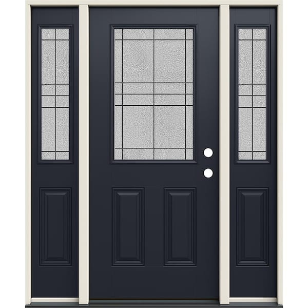JELD-WEN 60 in. x 80 in. Left-Hand 1/2 Lite Dilworth Decorative Glass Black Fiberglass Prehung Front Door w/Sidelites