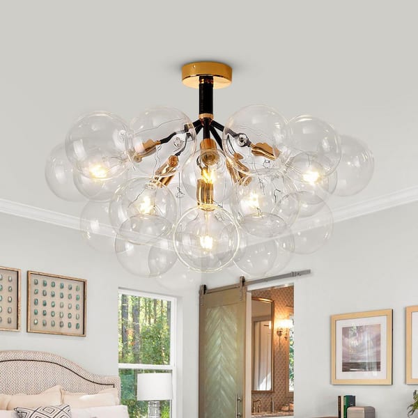 Alma 6-Light 24.8 in.W Gold and Black Bubble Cluster Semi-Flush Mount Chandelier with Clear Globes and Bulbs for Nursery