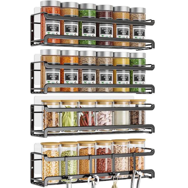 4 Shelf Black Wall Mounted Space Saving Spice Organizer Rack with Screws or Adhesive for Kitchen Cabinet Pantry