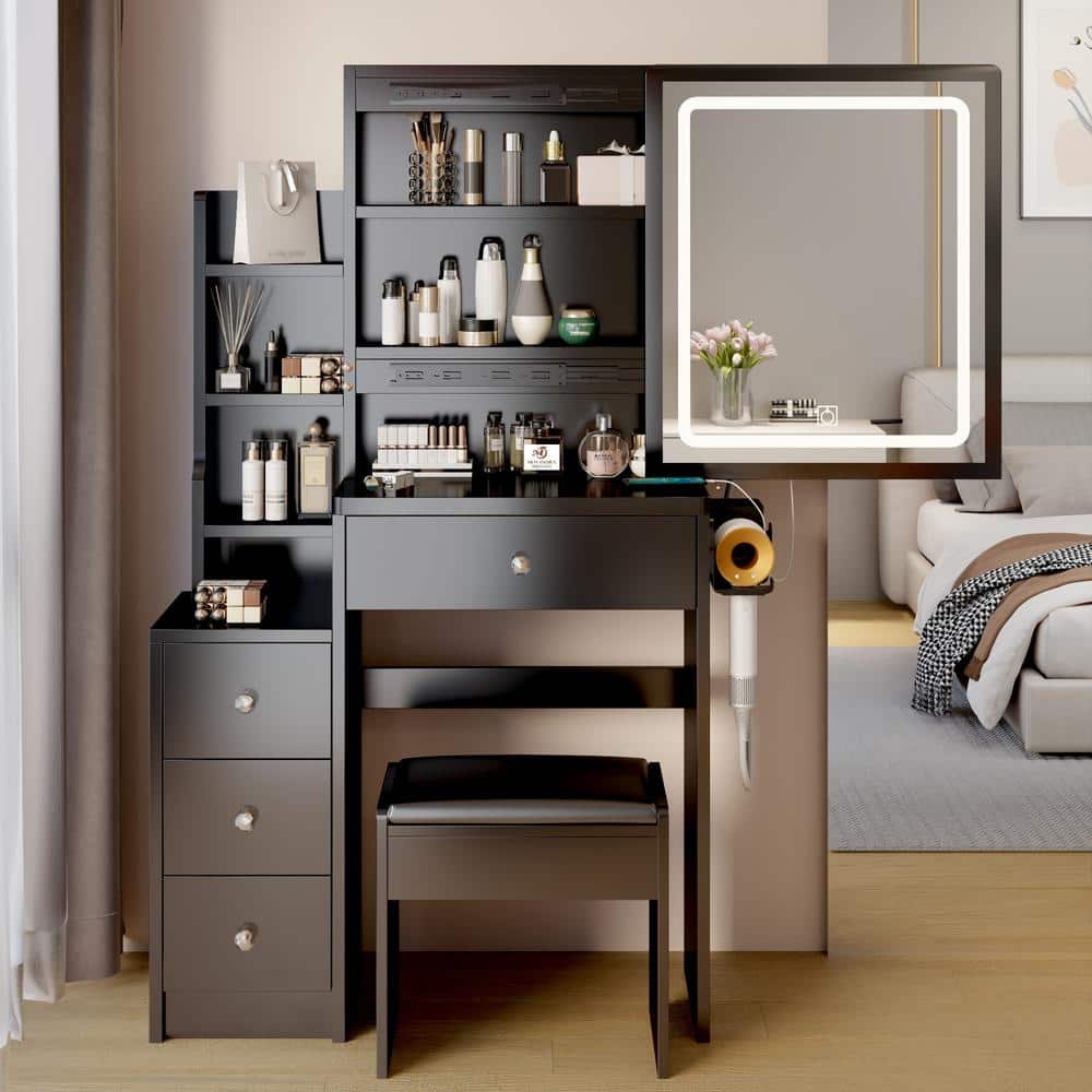 Black 4-Drawer 29.2 in. Wide Dresser with Mirror, Small Space Dresser Desktop Vanity Table Plus Cushioned Stool