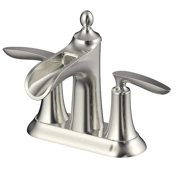 CMI Aegean 4 in. Centerset 2-Handle Waterfall Spout Bathroom Faucet with Drain Kit Included in Brushed Nickel