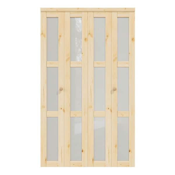 48 in. x 80 in. 3-Lite Frosted Glass Solid Core Unfinished Pine Glass Interior Closet Bi-Fold Door with Hardware