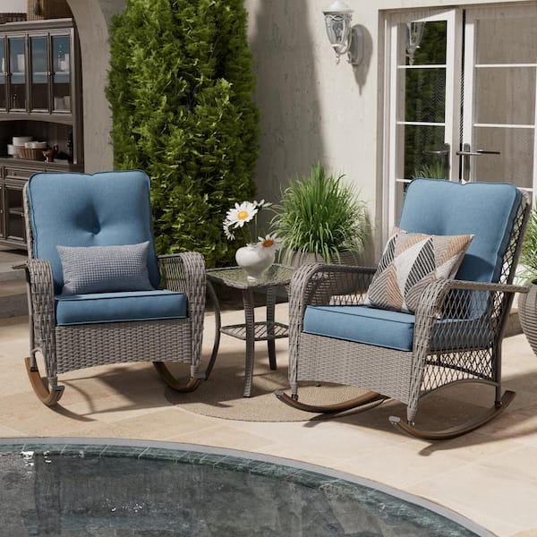Poteban 3-Piece Wicker Outdoor Rocking Chair with Navy Cushion
