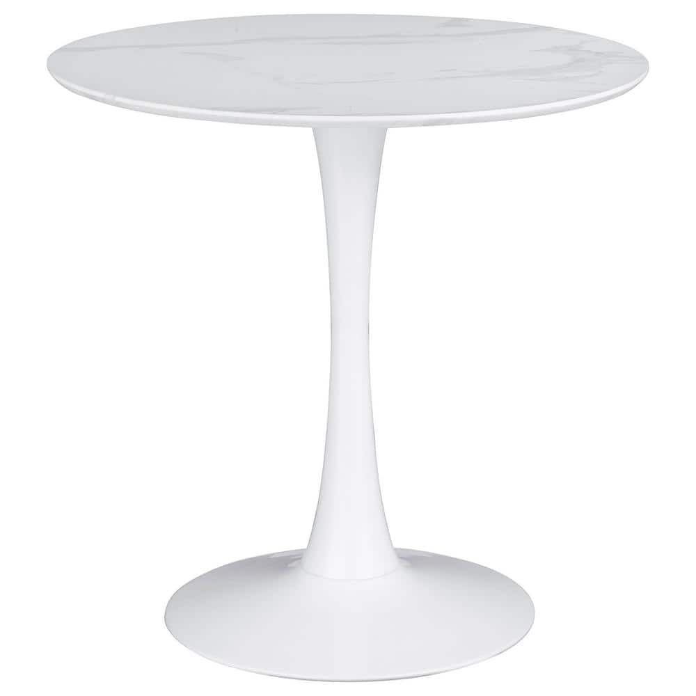 30" Transitional White Marble & Wood Round Dining Table