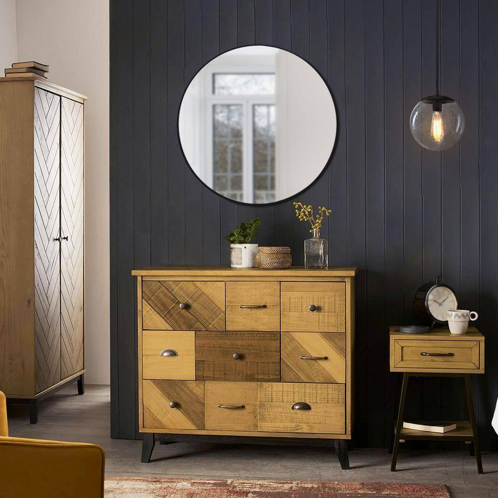 Kenna 24-Inch Round Silver Wood Vanity Mirror