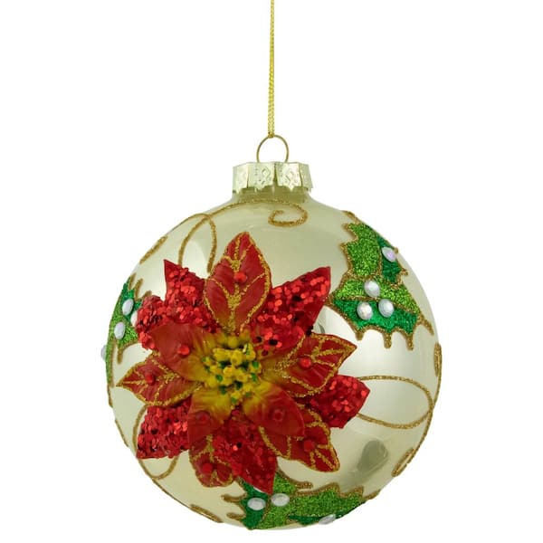 4 in. Red Glittered 2-D Poinsettia Glass Christmas Ball Ornament