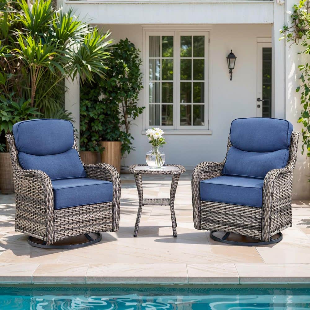 6 in Thicken 3-Piece Outdoor Gray Wicker Patio Conversation Set with Blue Cushions price history on PriceWatchPro